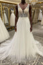 White v neck tulle sequin beads long prom dress, A line evening dress