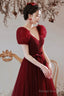 Wine Red Beaded Short Sleeves Tulle Party Dress, Wine Red A-Line Long Prom Dress