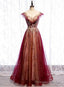Wine Red Cap Sleeves Tulle with Lace Applique Prom Dress, Wine Red Prom Dress