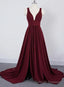 Wine Red Chiffon High Slit Long Prom Dress, Charming Long Straps Bridesmaid Dresses