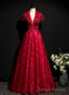 Wine Red Lace A Line Open Back Long Prom Dress, A Line Wine Red Formal Dress