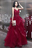 Wine Red Lace Applique V-Neckline Long Straps Prom Dresses Dark Red Prom Dress