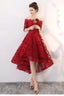 Wine Red Lace High Low Lovely Short Off Shoulder Party Dress, High Low Homeocming Dress Prom Dress