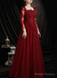 Wine Red Lace Long Sleeves Low Back Tulle Prom Dresses Wine Red Beaded Prom Dresses