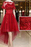 Wine Red Lace Tulle High Low Lace Prom Homecoming Dress