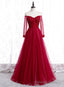 Wine Red Long Sleeves Beaded Tulle Prom Gowns, A Line Wine Red Long Prom Dress