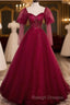 Wine Red Long Sleeves Tulle Evening Gown Prom Dress, Dark Red Beaded Party Dresses