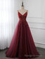 Wine Red Long Tulle V-neckline Beaded Junior Prom Dress, Dark Red Party Dress