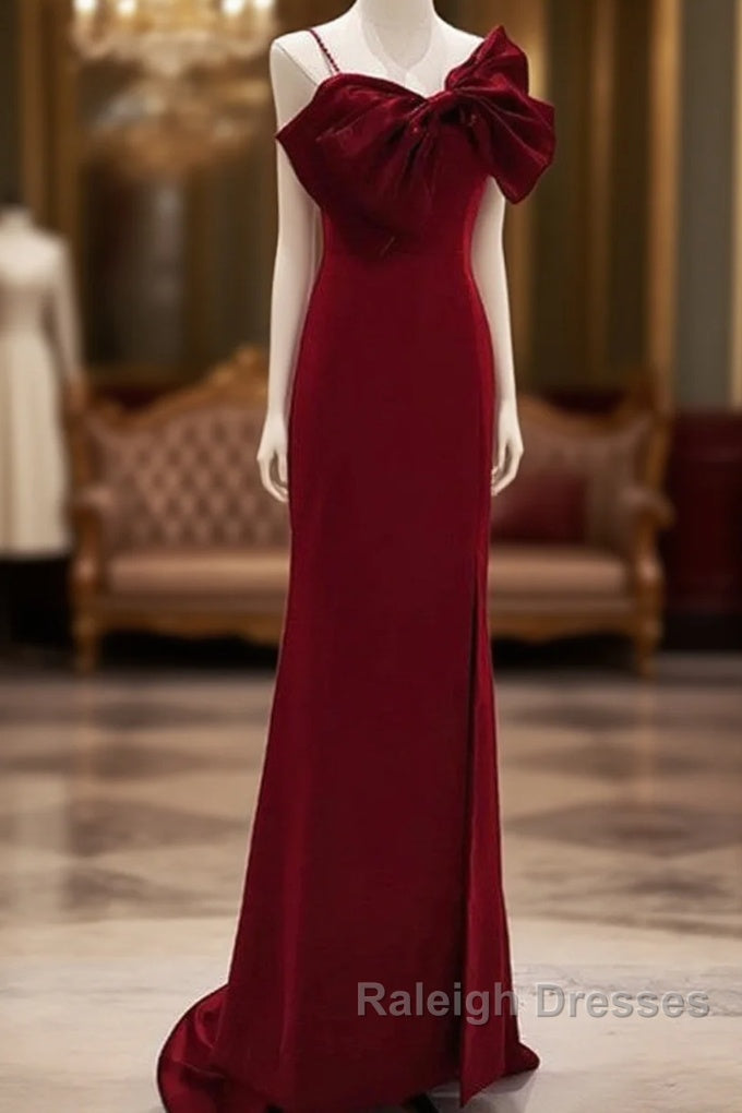 Wine Red Mermaid Evening Gown With Leg Slit, Straps Long Prom Dresses