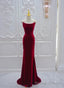 Wine Red Mermaid Straps Long Evening Dress, Wine Red Velvet Party Dress
