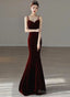 Wine Red Mermaid Straps Long Prom Dress, Wine Red Velvet Long Prom Dress