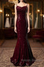 Wine Red Mermaid Straps Long Prom Dress Party Dress, Wine Red Sequins Evening Dress
