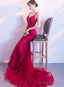 Wine Red Mermaid Tulle With Lace Applique Low Back Prom Dresses Dark Red Prom Dress