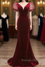 Wine Red Mermaid Velvet With Short Sleeves Prom Dresses Wine Red Prom Dresses