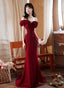 Wine Red Off Shoulder Beaded Mermaid Long Prom Dresses Wine Red Long Prom Dresses