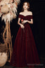 Wine Red Off Shoulder Prom Dress, Long Elegant Bridal Gown Sparkly Velvet Party Dress