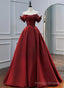 Wine Red Satin A Line Beaded Off Shoulder Prom Dress, Wine Red Prom Dress Formal Dress