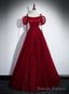 Wine Red Satin and Tulle Straps Long Prom Dress, Wine Red Off Shoulder Prom Dress