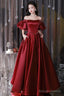 Wine Red Satin Beaded Chic Long Prom Dresses Wine Red Puffy Sleeves Prom Dresses