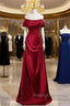 Wine Red Satin Off Shoulder Long Prom Dresses A-Line Satin Prom Dresses