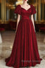 Wine Red Satin V-Neckline Short Sleeves Prom Dress, Wine Red Long Party Dress