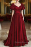 Wine Red Satin V Neckline Short Sleeves Prom Dresses Wine Red Long Prom Dresses