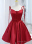 Wine Red Satin V Neckline Straps Beaded Short Prom Dress, Wine Red Prom Dresses