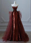 Wine Red Sequins And Tulle Beaded Long Party Dress, Wine Red Evening Dress