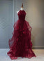 Wine Red Sequins and Tulle Halter Long Prom Dress, Wine Red Prom Dress