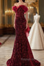 Wine Red Sequins Mermaid Long Party Dress, Off Shoulder Sweetheart Prom Dress