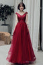 Wine Red Sexy V-Neck Beaded Tulle Long Prom Dress, Dark Red Tulle With Applique Evening Dresses