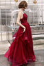 Wine Red Shiny Tulle Layers Straps Prom Dresses With Lace V-Neckline Prom Dresses