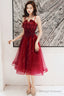 Wine Red Shiny Tulle Straps Short Homecoming Dresses Wine Red Tulle Short Prom Dresses