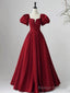 Wine Red Short Sleeves A Line Floor Length Prom Dress, Long Prom Dress