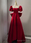 Wine Red Short Sleeves Satin A Line Prom Dress, Wine Red Long Prom Dress with Bow