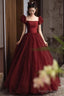 Wine Red Short Sleeves Tulle Long Prom Dresses Wine Red A-Line Floor Length Prom Dresses