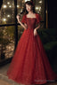 Wine Red Short Sleeves Tulle With Lace Long Prom Dresses Wine Red Prom Dresses