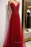 Wine Red Straps V-Neckline Lace Applique Long Prom Dress, Dark Red Formal Dresses