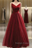 Wine Red Tea Length Tulle V-Neckline Prom Dress, Wine Red Tulle Party Dress