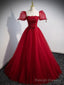 Wine Red Tulle A Line Beaded Long Prom Dress, Wine Red Formal Dress Prom Dress