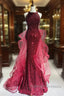 Wine Red Tulle And Sequins Halter Long Prom Dresses Wine Red New Style Prom Dresses