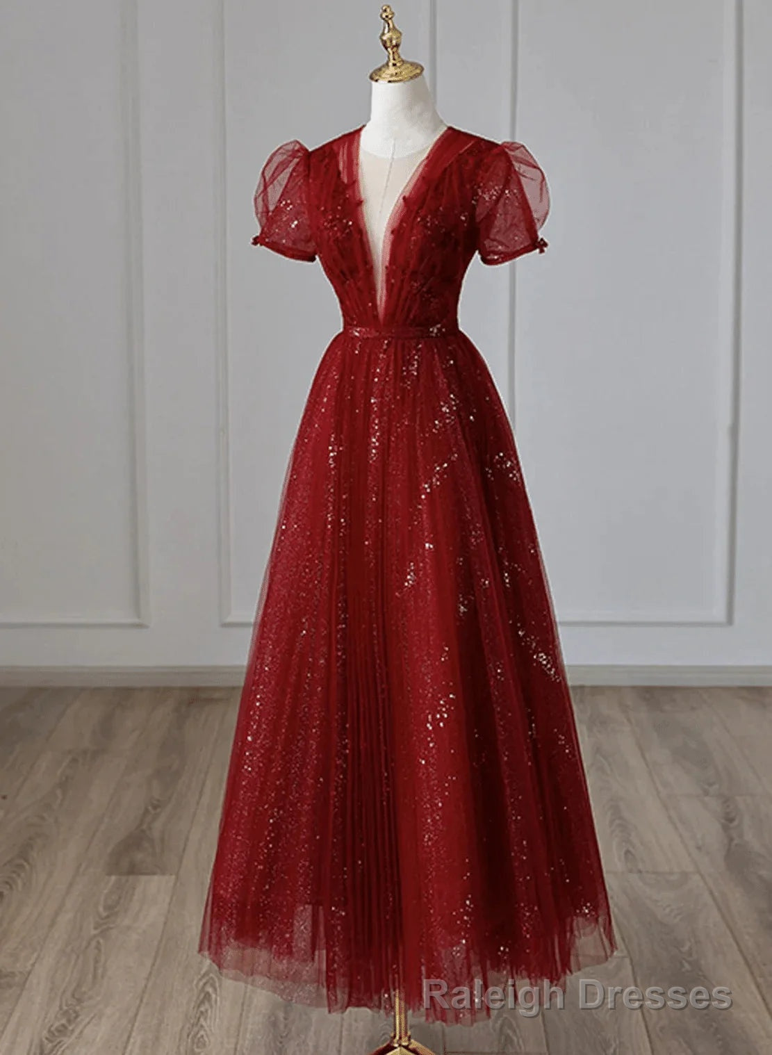 Wine Red Short Sleeves Tea Length Tulle Party Dress, Wine Red Tulle Formal Dress