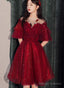 Wine Red Tulle With Lace High Neckline Homecoming Dress, Wine Red Short Prom Dress