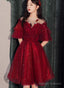 Wine Red Tulle With Lace High Neckline Homecoming Dresses Wine Red Short Prom Dresses