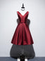 Wine Red V Neckline Satin Lace-up Homecoming Dress, Short Prom Dress