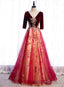 Wine Red Velvet 1/2 Sleeves Long Prom Dress with Lace, A Line Junior Prom Dress