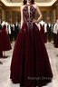 Wine Red Velvet Beaded Halter Long Formal Dress, A-Line Velvet Prom Dress