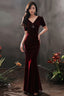 Wine Red Velvet Beaded Short Sleeves Long Prom Dresses Wine Red Mermaid Prom Dresses