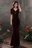 Wine Red Velvet Mermaid Short Sleeves Party Dress, Wine Red Long Evening Dress Prom Dress
