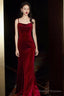 Wine Red Velvet Mermaid Straps Long Prom Dresses Burgundy Bridesmaid Dress